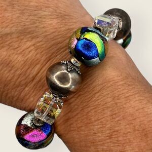 925 Silver Ball Bracelet Artisan Dichroic Glass and Large Facet Crystals 7.25”